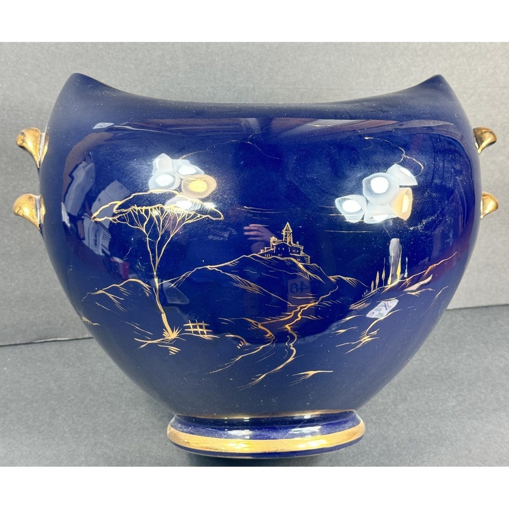 Vintage Substantial Cobalt Blue Gold Etched Landscape Ceramic Vase with Handles